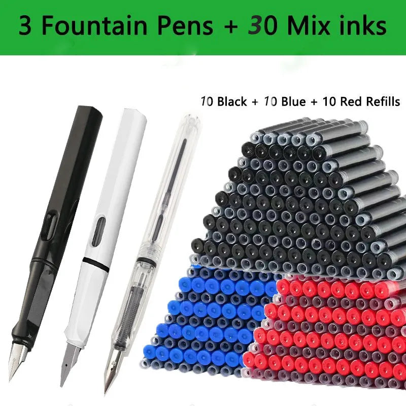 33PCS Kawaii Fountain Pen & Ink Set - Black Blue Red EF 0.38mm Replaceable Ink Pens for School Office Writing Supplies