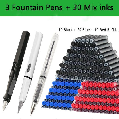 33PCS Kawaii Fountain Pen & Ink Set - Black Blue Red EF 0.38mm Replaceable Ink Pens for School Office Writing Supplies