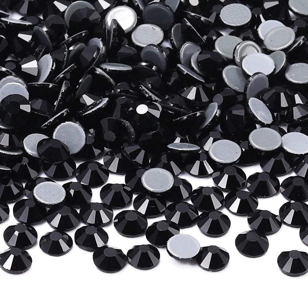 QIIY SS3–SS50 Crystal AB Black Glass Rhinestones – Hot-Fix Flatback Iron-On Stones for Wedding Dresses, Clothing, and Fabric Decoration