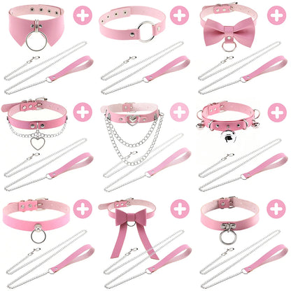 Pink Gothic Punk Collar Necklace - Cute Adjustable Couple Role-Play Choker with Matching Lanyard, Gift for Her