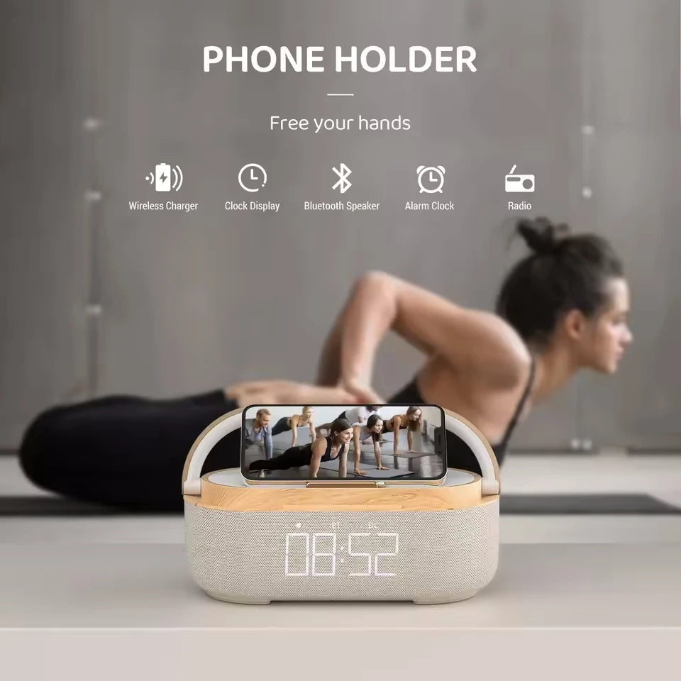 Portable Bluetooth Speaker with Wireless Charging — FM Radio, Alarm Clock, Music Sound Box, Night Light & Charger Lamp