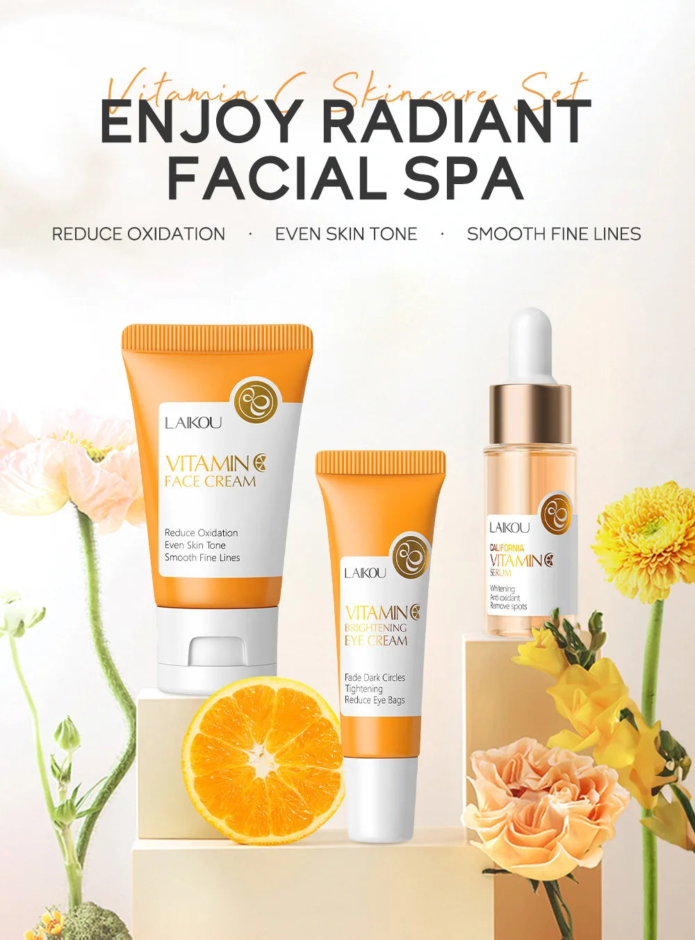 3pcs LAIKOU Vitamin C 24K Golden Sakura Skincare Set – Moisturizing Face Cream, Serum & Eye Cream