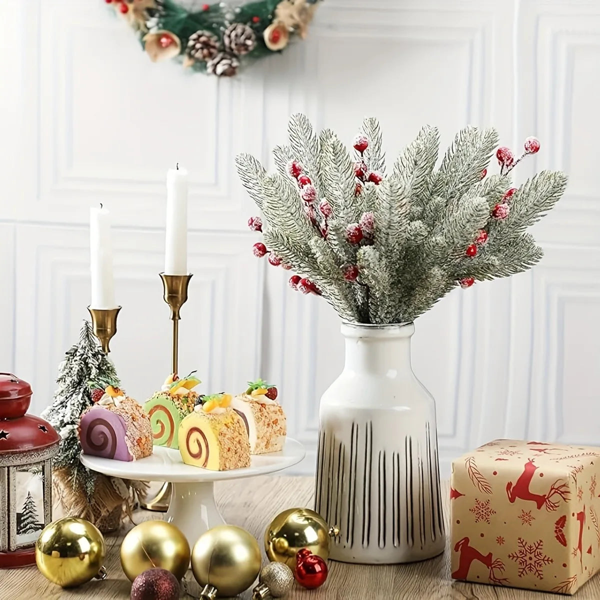 Snow White Artificial Pine Needle & Berry Bouquet – Christmas Decoration for Tree, Garland, Home Decor & DIY New Year Gift