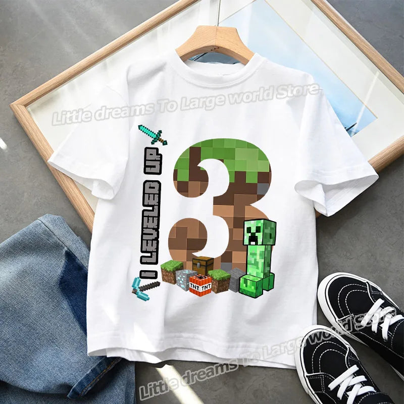 Miner Crafting Birthday Number T-Shirt – Cartoon Summer Short Sleeve Tops for Boys Party Gift