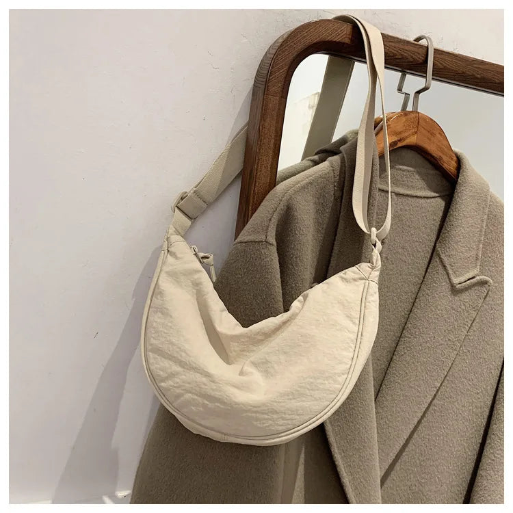 Solid Color Women's Portable Shoulder Bag – Simple Nylon Cloth Padded Crossbody Travel Purse & Messenger Bag