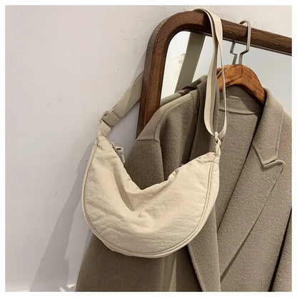 Solid Color Women's Portable Shoulder Bag – Simple Nylon Cloth Padded Crossbody Travel Purse & Messenger Bag