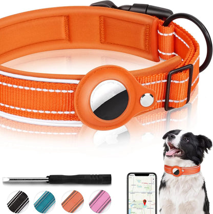 Reflective Heavy-Duty Dog Collar with Adjustable AirTag Holder — For Small, Medium & Large Dogs