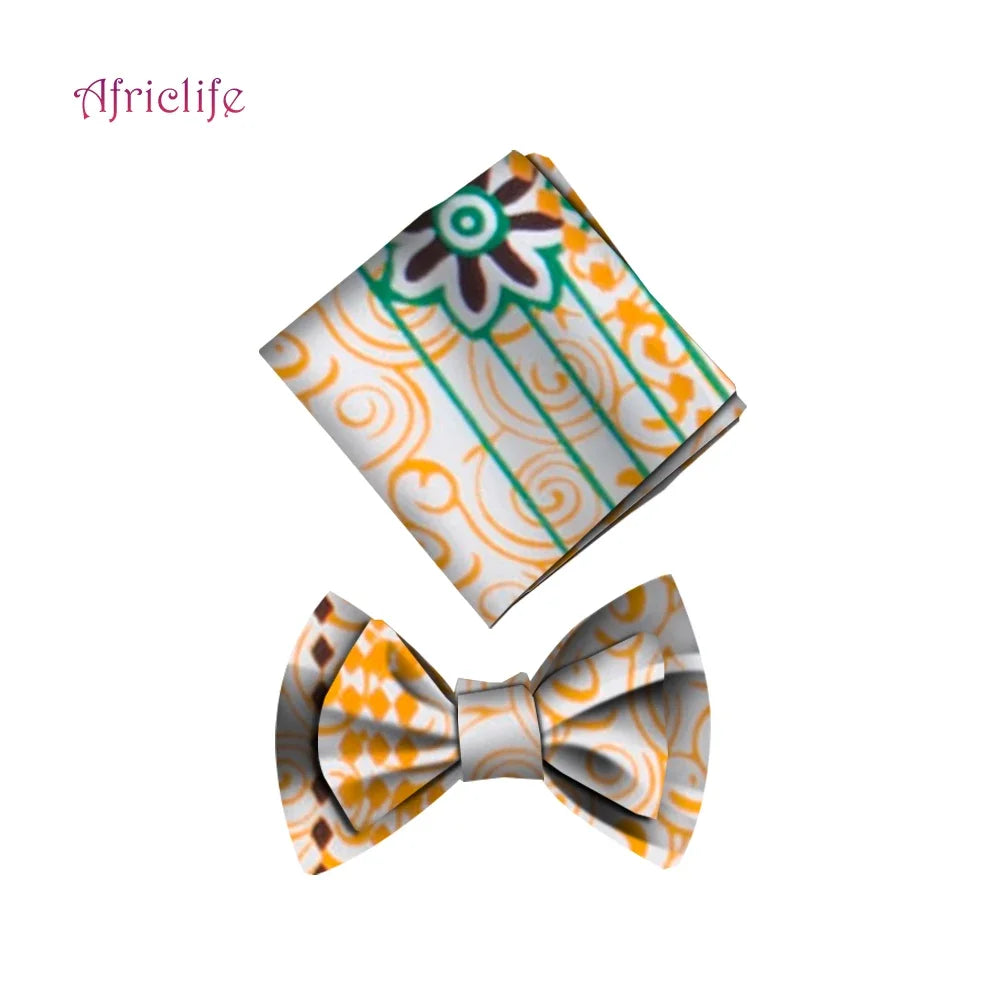 African Print Bow Tie & Kerchief Set - Bohemian Cotton Accessories for Men, Stylish Gift SP077