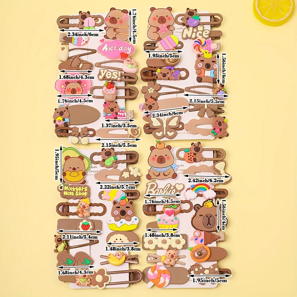14-Piece Cute Capybara Hair Clip Set - Multicolor Butterfly and Flower Fashion Hair Accessories for Girls