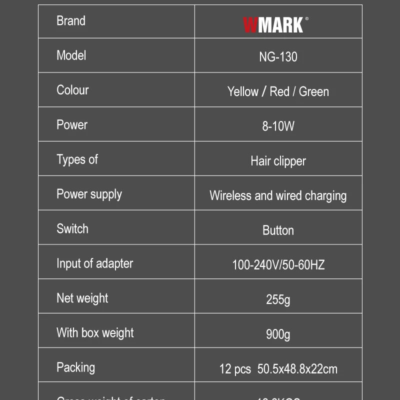 WMARK NG-130 Wireless Charging Hair Clipper – High Speed Professional Type-C Rechargeable Cutter with Charging Stand