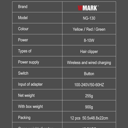 WMARK NG-130 Wireless Charging Hair Clipper – High Speed Professional Type-C Rechargeable Cutter with Charging Stand