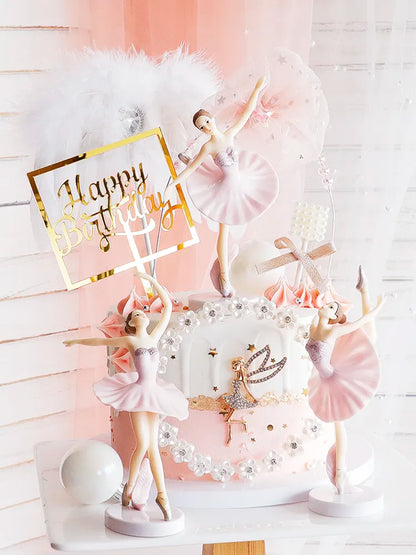 Ballerina Girl Cake Decoration - Pink White Hairball Balloon Cake Toppers for Wedding Birthday Party Decor - Kids' Favor for Baking