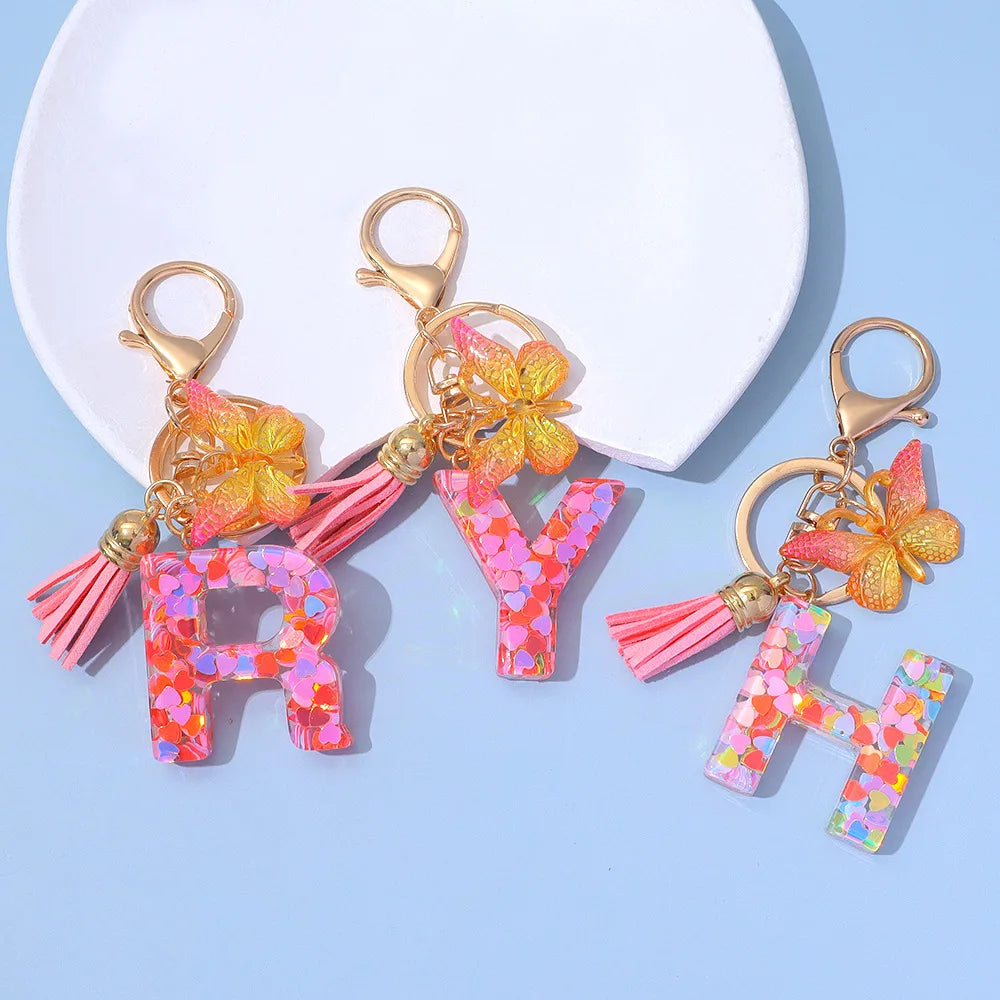 A-Z Letter Acrylic Keychain - Pink Butterfly Tassel Bag Charm & Key Ring
