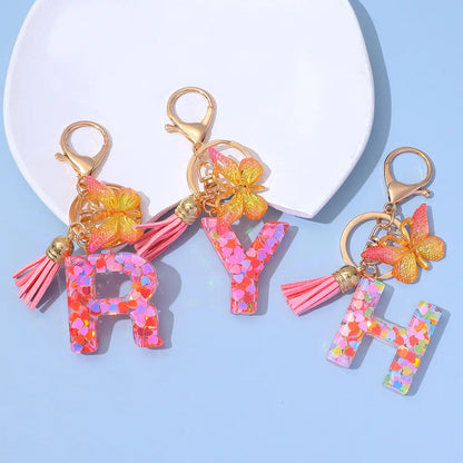 A-Z Letter Acrylic Keychain - Pink Butterfly Tassel Bag Charm & Key Ring