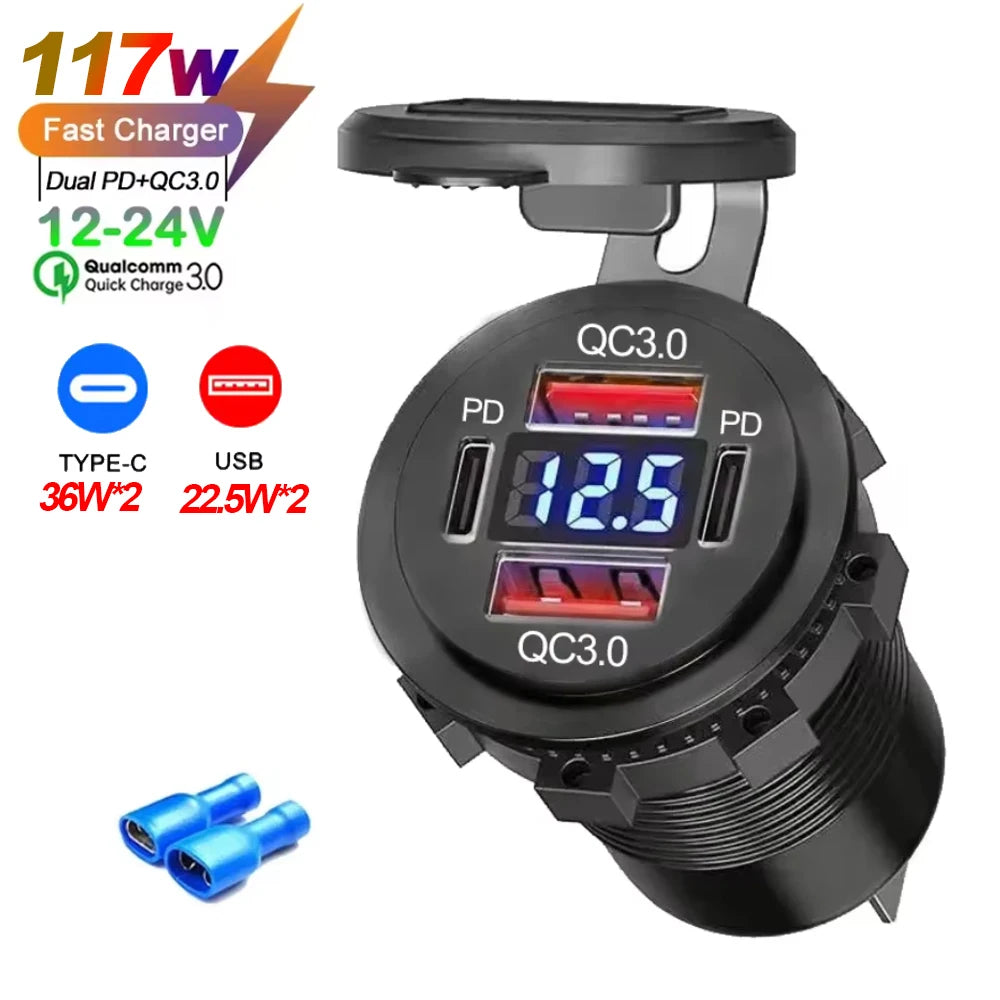 117W Dual USB Car Charger - PD & QC3.0 Fast Charging Adapter with Voltmeter Waterproof Socket for 12V/24V Vehicles