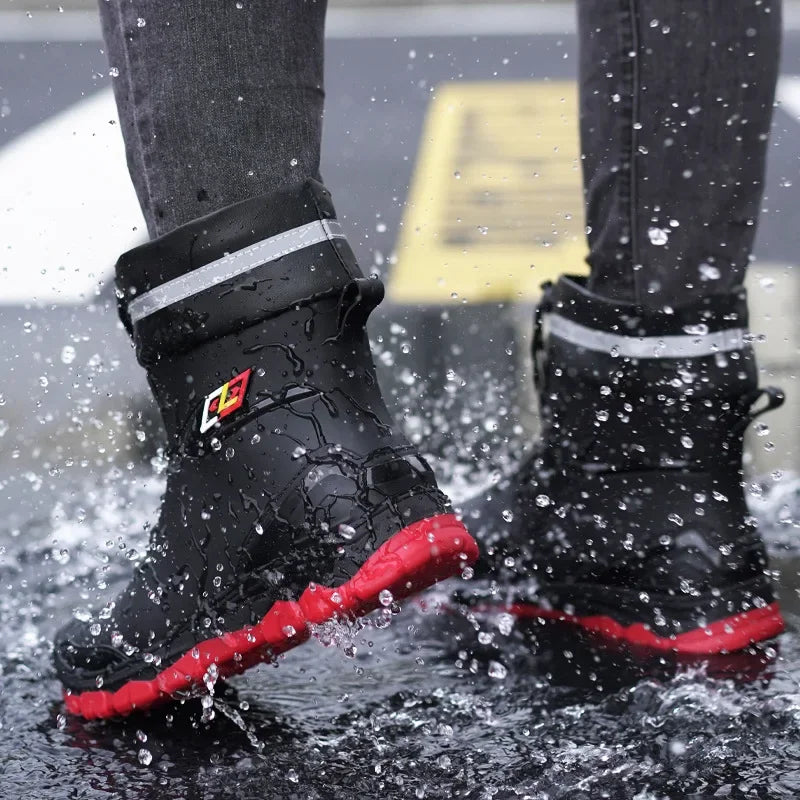 Men’s Ankle-High Fleece-Lined Rain Boots – Waterproof, Anti-Slip, Wear-Resistant Work & Fishing Shoes