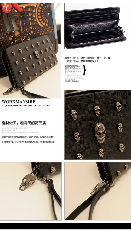 Women's Gothic Skull Head Long Wallet – Black Handheld Mobile Wallet with Wrist Strap & Card Clip