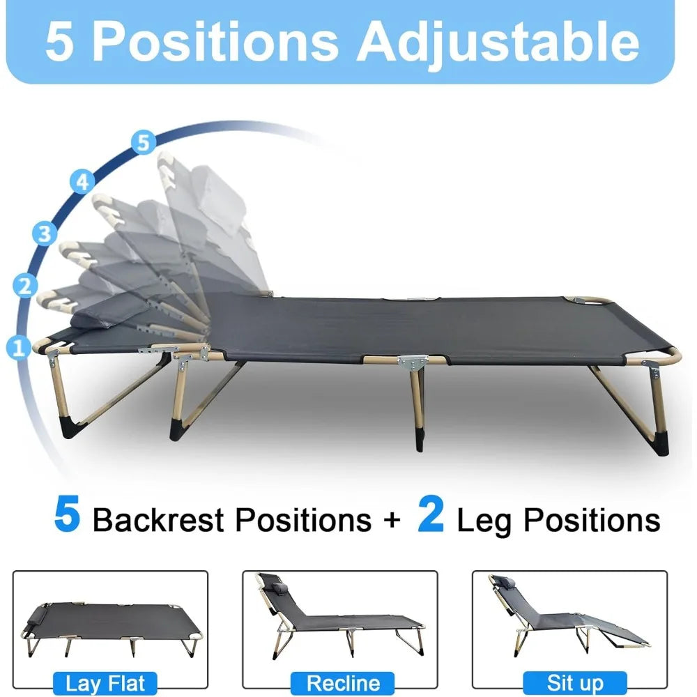Portable Folding Camping Cot – Reclining Lounge Chair with Pillow & Mattress, 500lb Capacity for Adults