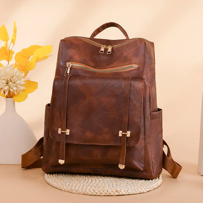 Trendy Women's Vintage PU Leather Backpack - Brown Daypack, Casual Travel and Retro Student School Bag