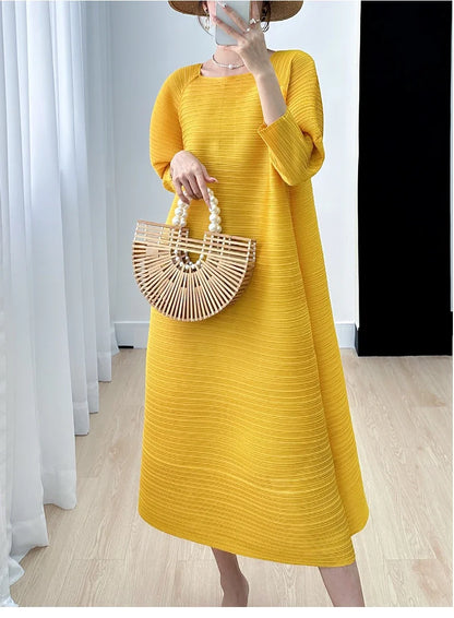 2023 Women's Miyake Pleated Long Dress – Full Sleeve, Round Neck, Korean Fashion, Plus Size Summer Style