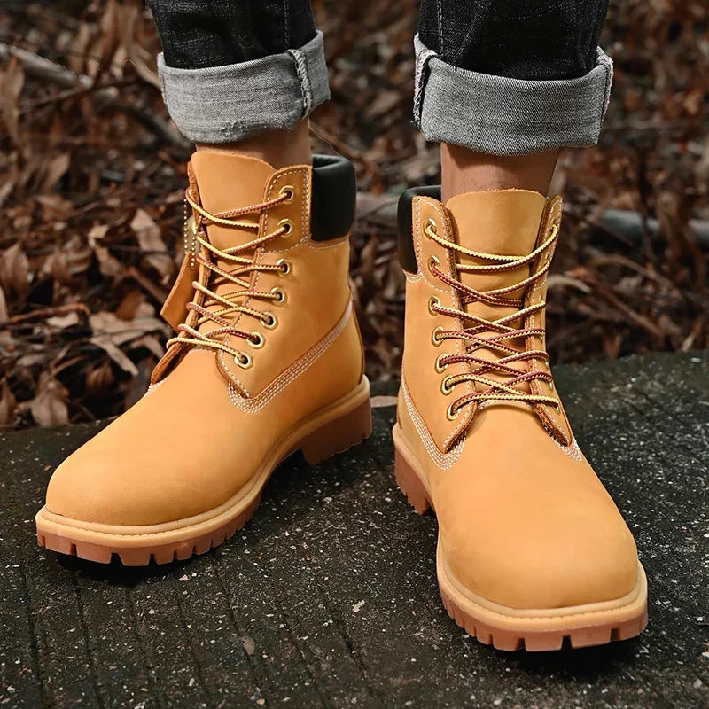 High Top Leather Boots for Men & Women – Fashion Lace-Up Outdoor Sneakers, Non-Slip Casual Ankle Shoes for Couples