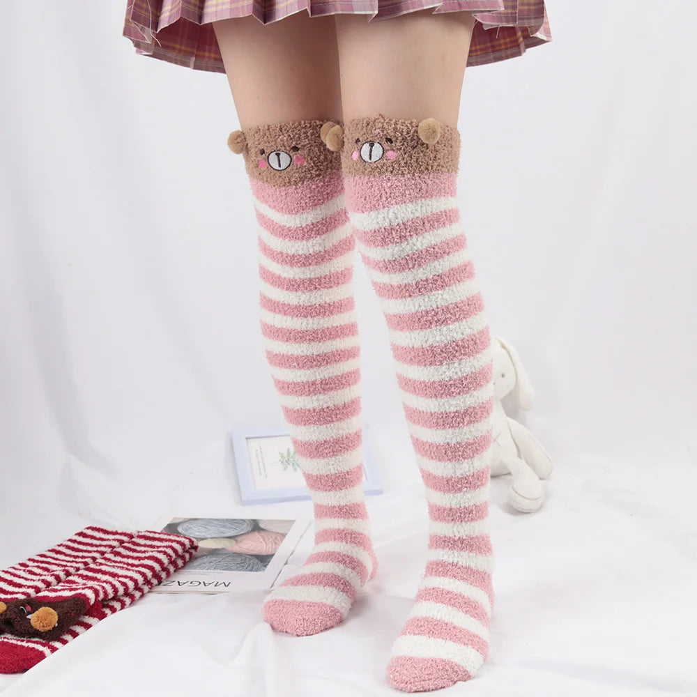 Japanese Girl Animal Knee Socks – Cute Striped Compression Thigh-High Warm Socks for Autumn & Winter