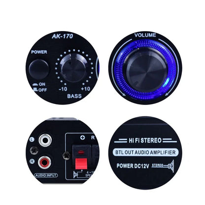 AK170 Mini Digital Power Amplifier – 200Wx2 Stereo Audio Amplifier with Blue Light for Home Theater & Party Music
