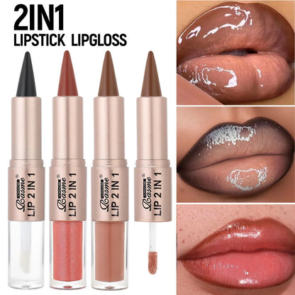 2-in-1 Tapered Lip Liner Pen - Waterproof Nude Brown Lip Contour & Matte Gloss Makeup