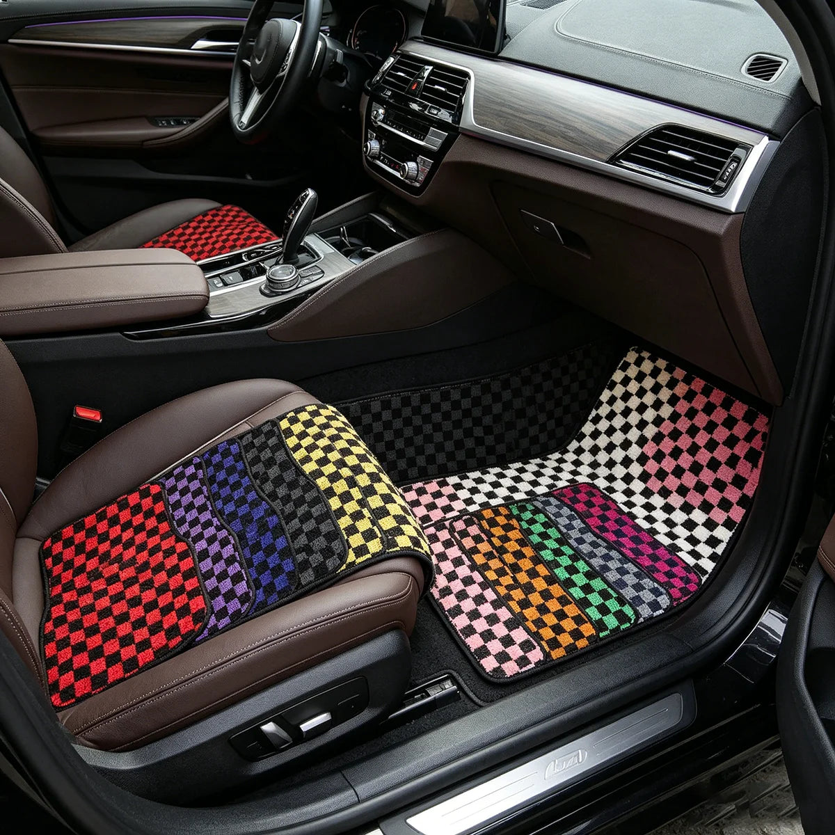 4PCS Universal Checkered Car Floor Mats - Anti-Slip Front & Rear Checkerboard Auto Carpet Foot Mats