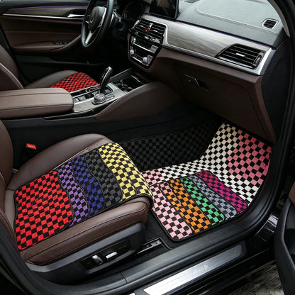 4PCS Universal Checkered Car Floor Mats - Anti-Slip Front & Rear Checkerboard Auto Carpet Foot Mats
