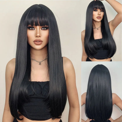 Ombre Honey Brown Long Synthetic Wig with Bangs — Wavy, Realistic, Soft, Heat-Resistant Hair for Daily & Party