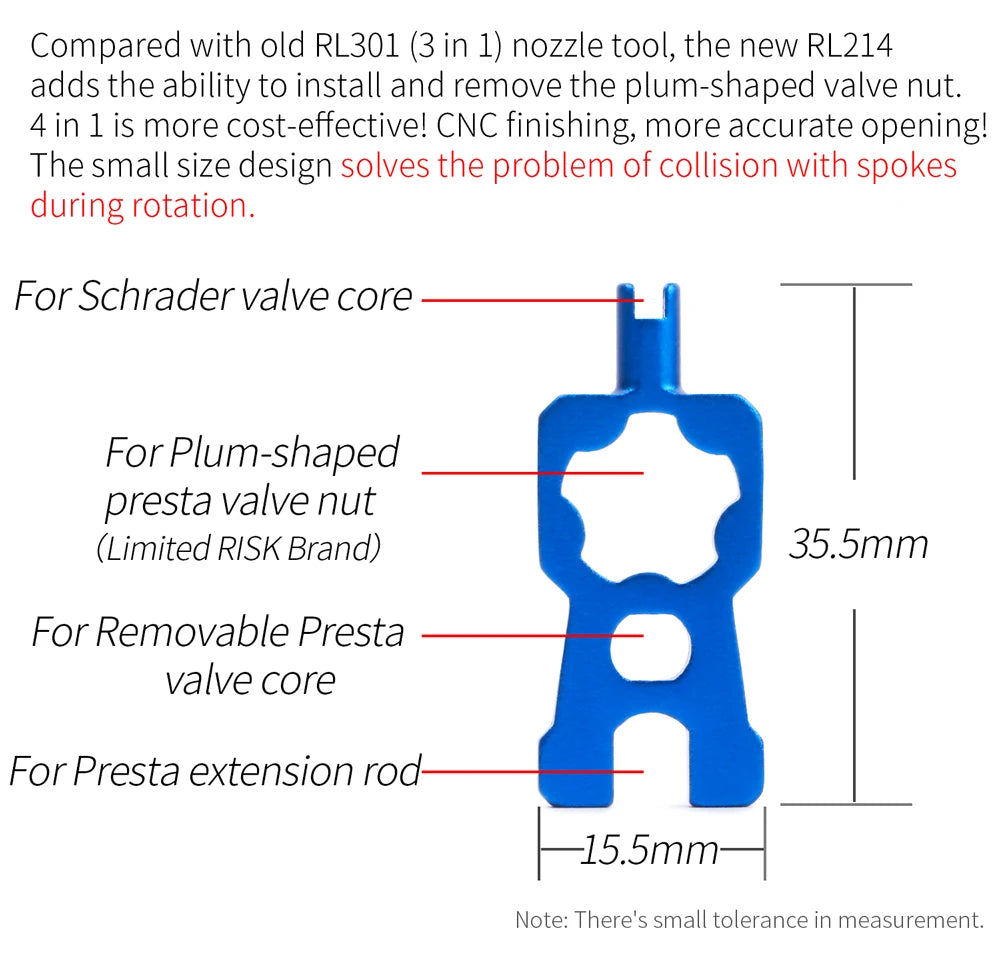 RISK 4-in-1 Bike Valve Core Wrench – Portable Road Bicycle Tool with 2 Presta Valve Caps for Installation & Removal