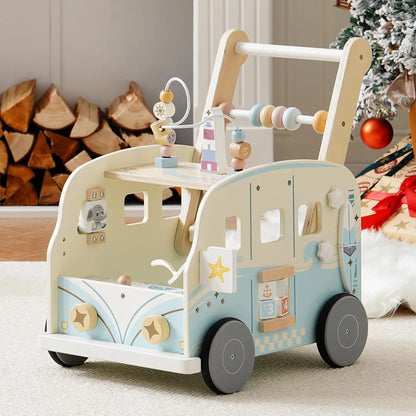 Robotime Robud Wooden Baby Walker – Push-Along Activity Walker with Wheels, Multifunctional Toddler Toy Gift for Boys & Girls