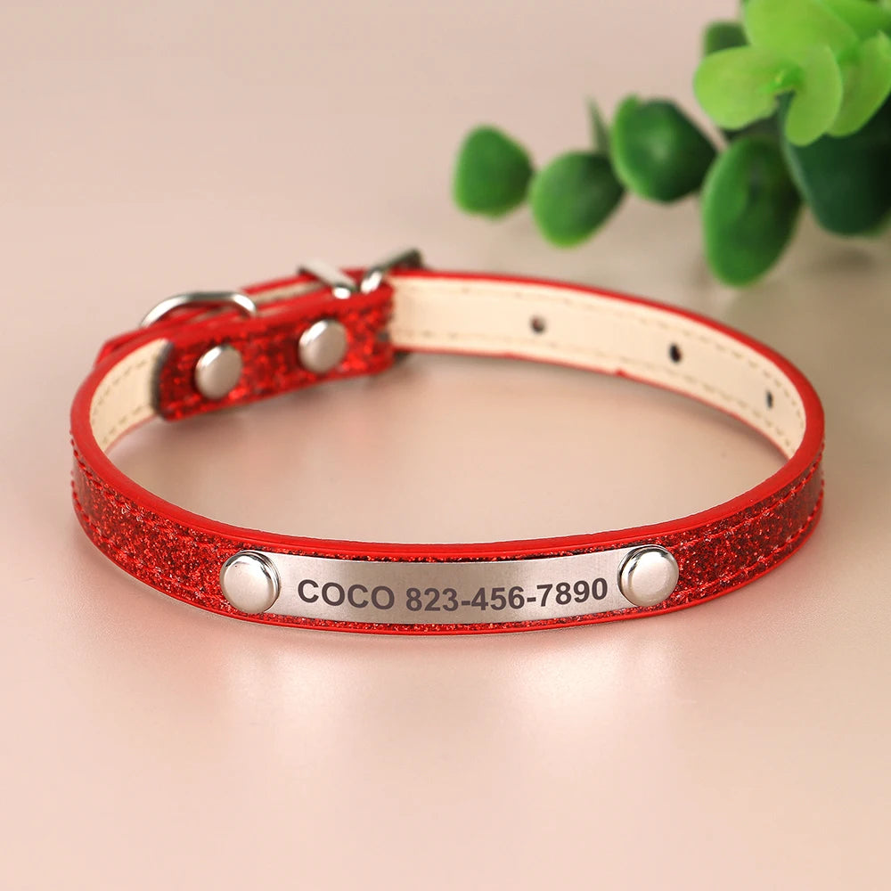 Personalized Cat Collar — Bling PU Leather Adjustable Collar with Custom ID Necklace for Cats, Kittens & Small Dogs