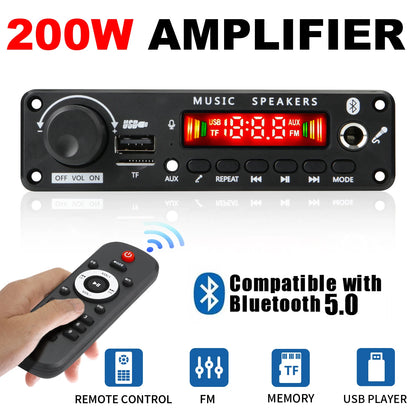 200W Bluetooth Amplifier Board - DIY MP3 WAV Decoder with USB, TF Card, FM Radio & Microphone, DC 12V