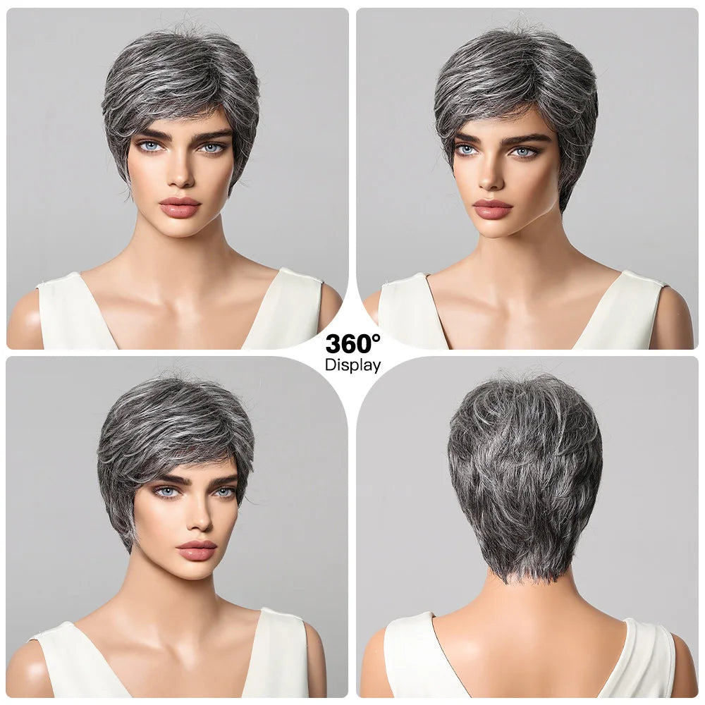 Short Pixie Cut Grey Human Hair Wig – 8 Inch Layered Fashion Wig for Women, Daily Use, Machine Made