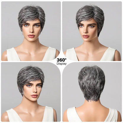 Short Pixie Cut Grey Human Hair Wig – 8 Inch Layered Fashion Wig for Women, Daily Use, Machine Made