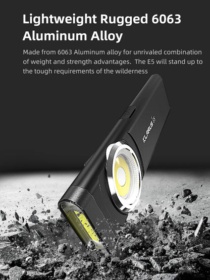 Klarus E5 COB Flashlight – Magnetic Dual Light Torch with 8 Lighting Modes, USB-C Rechargeable EDC Strobe for Emergency Use