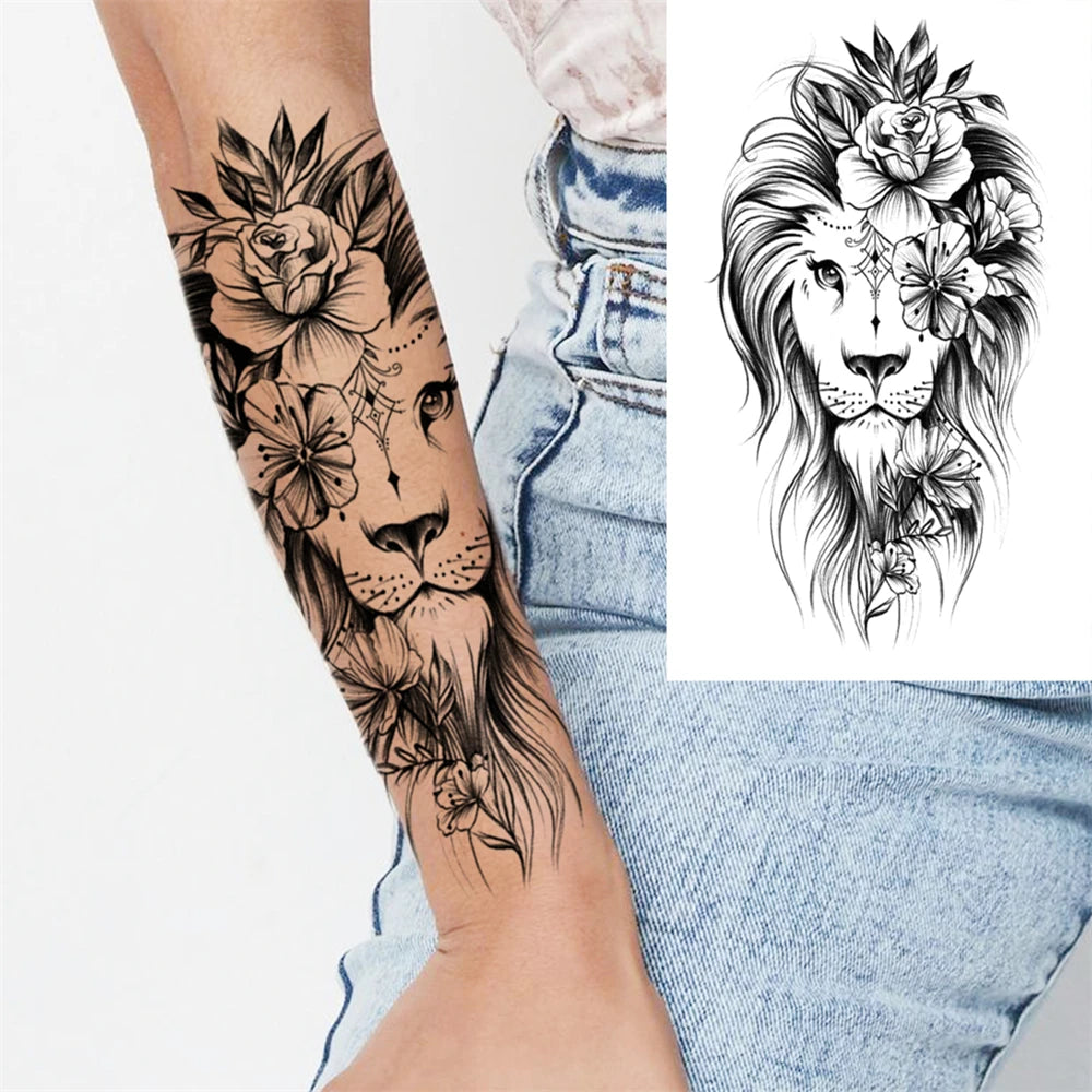 Full Arm Temporary Tattoo Sleeve - Realistic Warrior Lion Tiger Flower & Maori Design Fake Tattoos