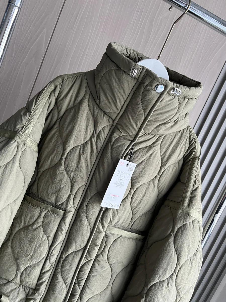 2024 ETJ Quilted Women's Coat – Beige Drawstring High Neck Jacket with Ties & Pockets