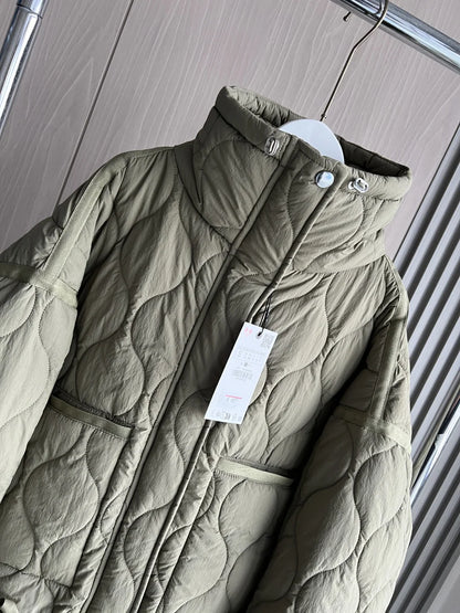 2024 ETJ Quilted Women's Coat – Beige Drawstring High Neck Jacket with Ties & Pockets