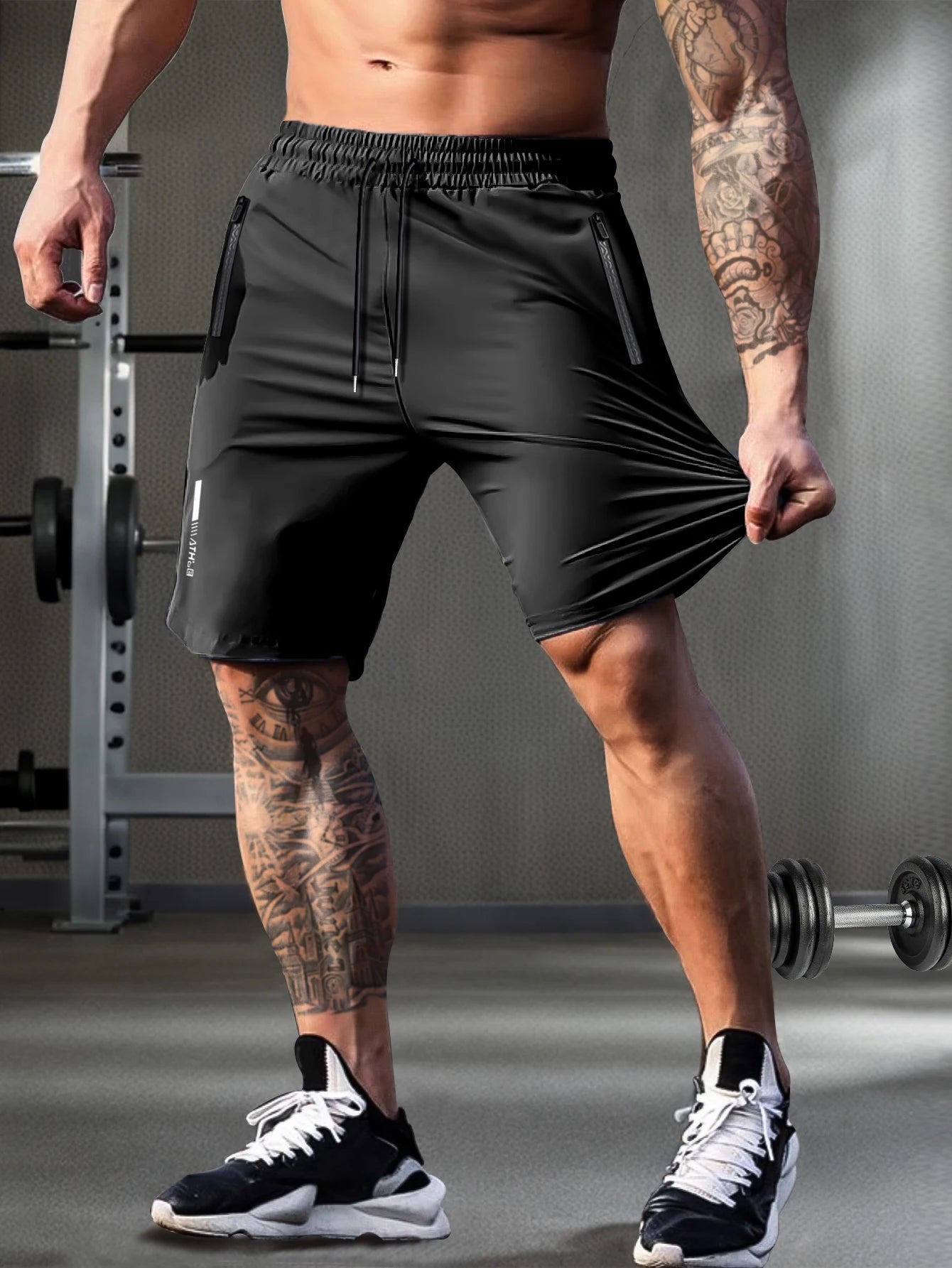 Men’s Solid Color Casual Shorts – Elastic Waist with Drawstring and Zipper Pockets, Loose Fit High Elasticity
