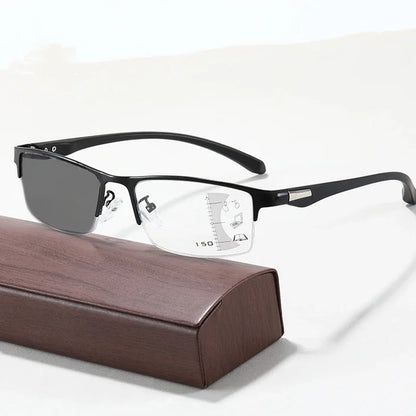 Progressive Multifocal Photochromic Reading Glasses – Anti-Blue Light Half Frame for Men with Presbyopia & Far Sight Protection