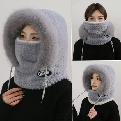 Women’s Winter Plush Hat with Hood & Scarf – Warm Thick Windproof Thermal Cap with Ear Protection for Outdoor Cycling & Riding