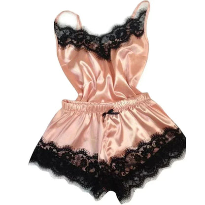 Women’s Summer Lace Silk Pajama Set – Sexy Cami Top & Shorts Sleepwear Lingerie Comfortable Soft Casual Nightwear Pijamas