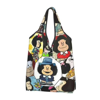 Anime Mafalda Cartoon Grocery Tote Bag – Large Capacity Fashion Shopper Shoulder Handbag, Portable Kawaii Canvas Bag for Everyday Use