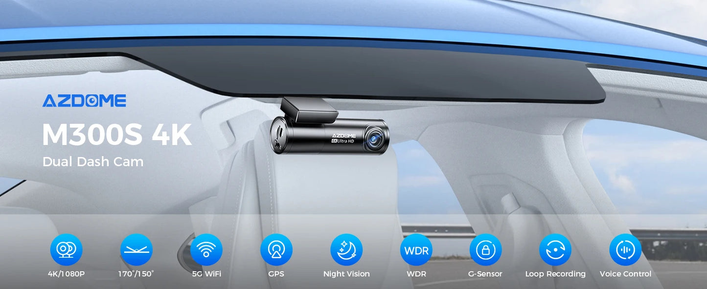 AZDOME M300S Dash Cam – 4K+1080P Dual Car Camera, Built-in 5.8GHz WiFi, GPS, 24H Parking Mode, Night Vision Black Box