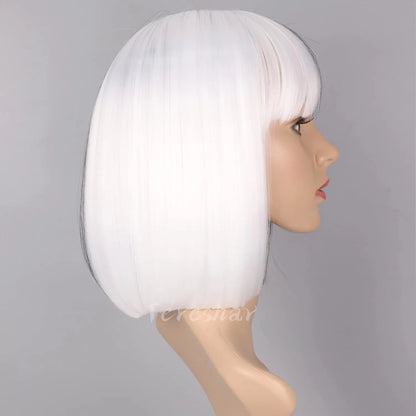 Synthetic Half Black Half White Bob Wig – Short Straight Wig with Bangs for Women, Cosplay & Party Wear
