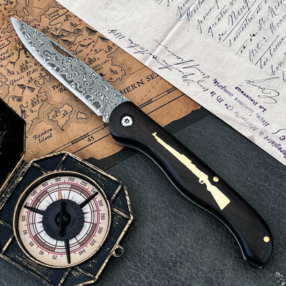 Damascus Folding Knife - Ebony Handle Portable Camping & Hiking Utility Knife