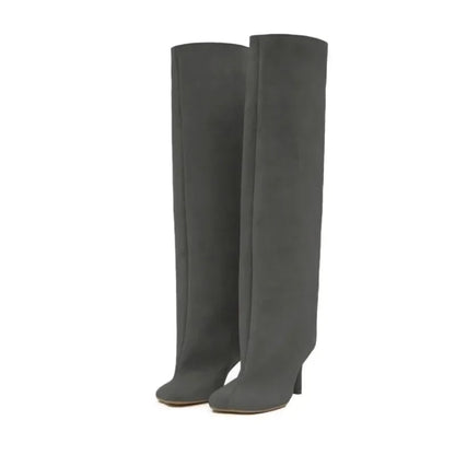 Women’s Suede Wide-Calf Knee-High Boots – Square Toe Stiletto Pull-On Riding Style Casual Chic Footwear